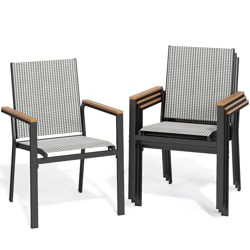 YITAHOME Set of 6 Stackable Patio Chairs, Outdoor All-Weather Conversation Breathable Textilene Mix Olefin Dining Chair, Plastic- Wood Armrest, Black and White Checkered