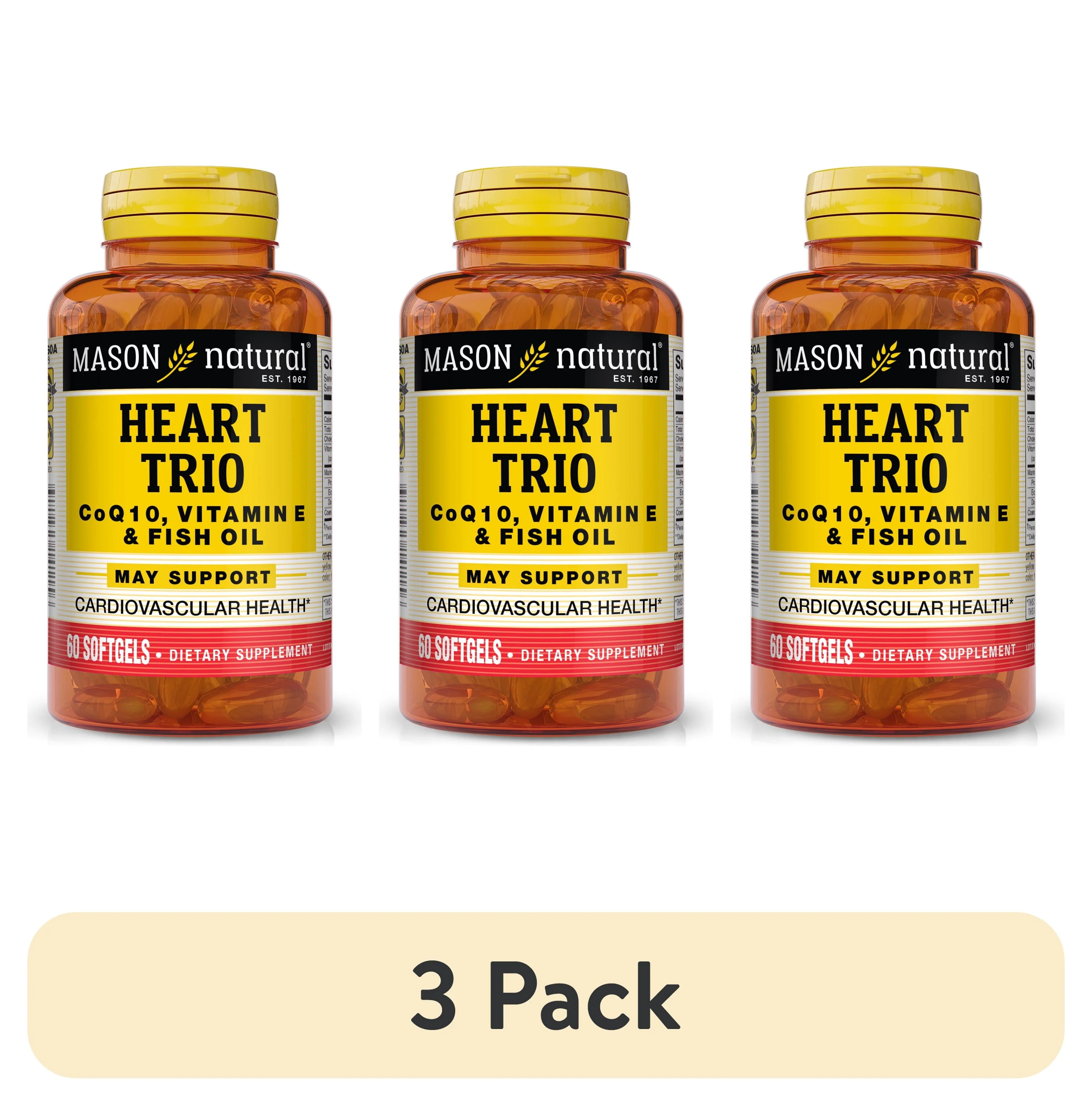 (3 pack) Mason Heart Trio: Co Q10, Vit E & Fish Oil - Boosts Heart Health, 60 Soft Gels.
