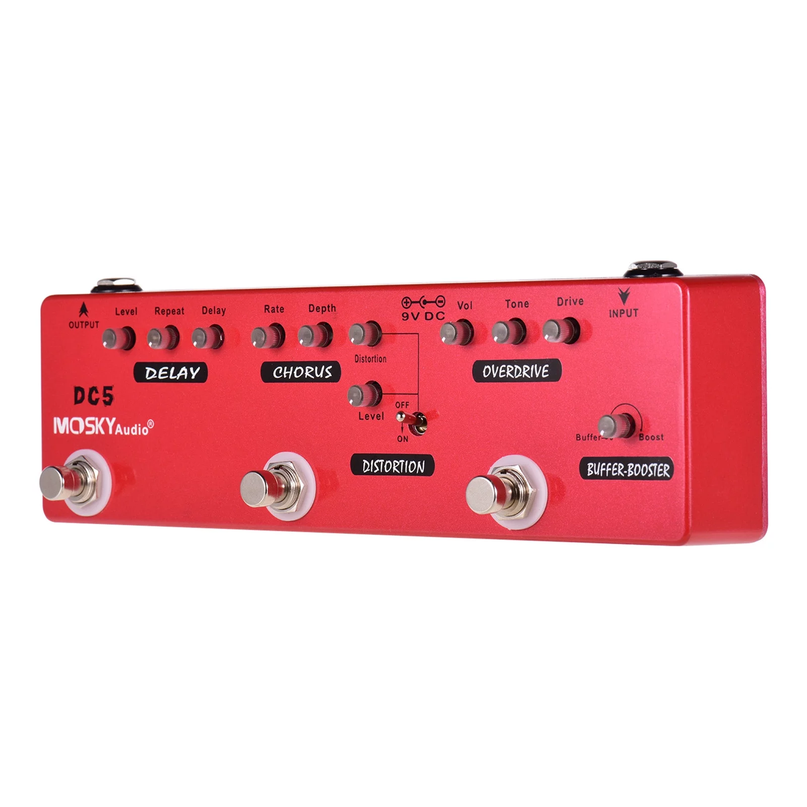 MOSKYAudio DC5 Multi-Effects Guitar Pedal - 6-in-1 with Delay, Chorus, Distortion, Overdrive, Booster, Buffer in a Robust Metal Shell and True Bypass
