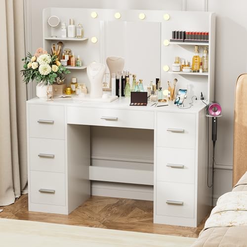 VICTONE Vanity Desk with LED Lighted Mirror&Power Outlet, 3 Model Lights Makeup Vanity Table with 7 Drawers and 6 Storage Shelves for Bedroom and Dressing Room (White)