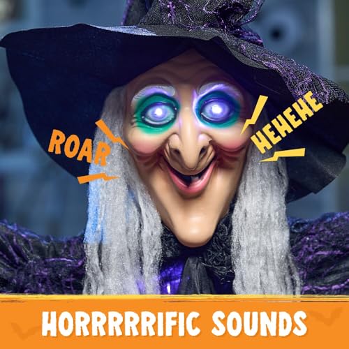 JOYIN 72” Halloween Decorations Indoor Hanging Talking Witch Decor, Light Up Ghost with Purple Eyes Sound Activation Haunted House Party Supplies Prop