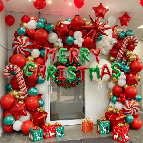 AobkDeco 143 Pcs Christmas Balloon Garland Arch Kit-Merry Christmas Banner and Red White Gold Metallic Green Cane Balloons Candy Foil Balloons Gift Box Balloons for Xmas Party Decorations