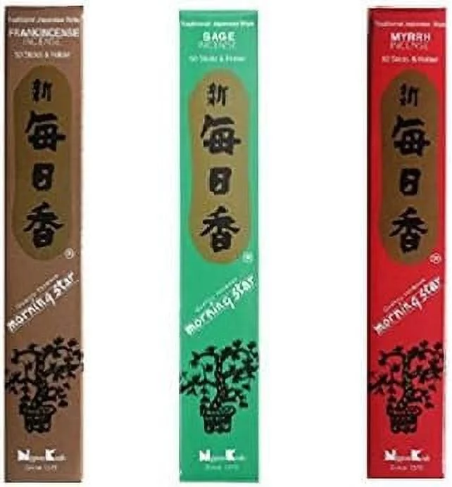 Morning Star Incense Bundle Of 3 X 50 Sticks Boxes (, Sage, Myrrh) - Premium Incense Sticks From Japan, 98834, 98836, 98835