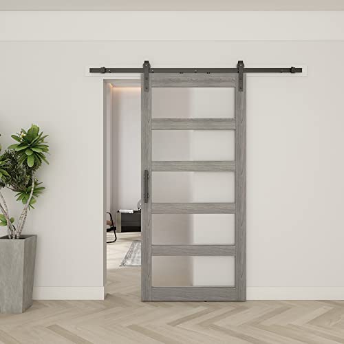 BARNSMITH 42in x 84in Glass Barn Door with 7FT Sliding Door Hardware Kit Included & Handle,5-Panel Frosted Glass Solid Wood Slab with Water-Proof PVC Surface,Pre-Drilled Easy Assembly,Grey