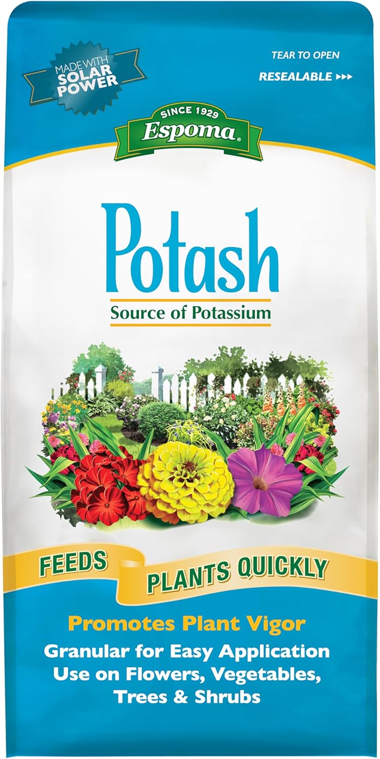 Espoma Potash 0-0-60 potassium fertilizer. Use for all plants requiring potash supplement including Trees, Shrubs, Vegetables and Flowers. Granular for easy application. 6 lb. Bag