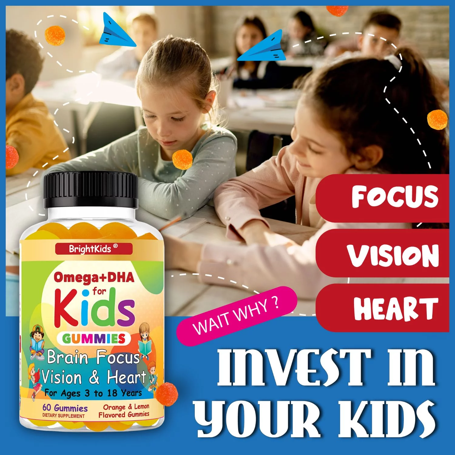 BrightKids Brain Focus, Vision & Heart Health Formula, Omega 3 Vitamin +DHA for Kids & Teens Support Attention Memory Cognition 60 Gummies