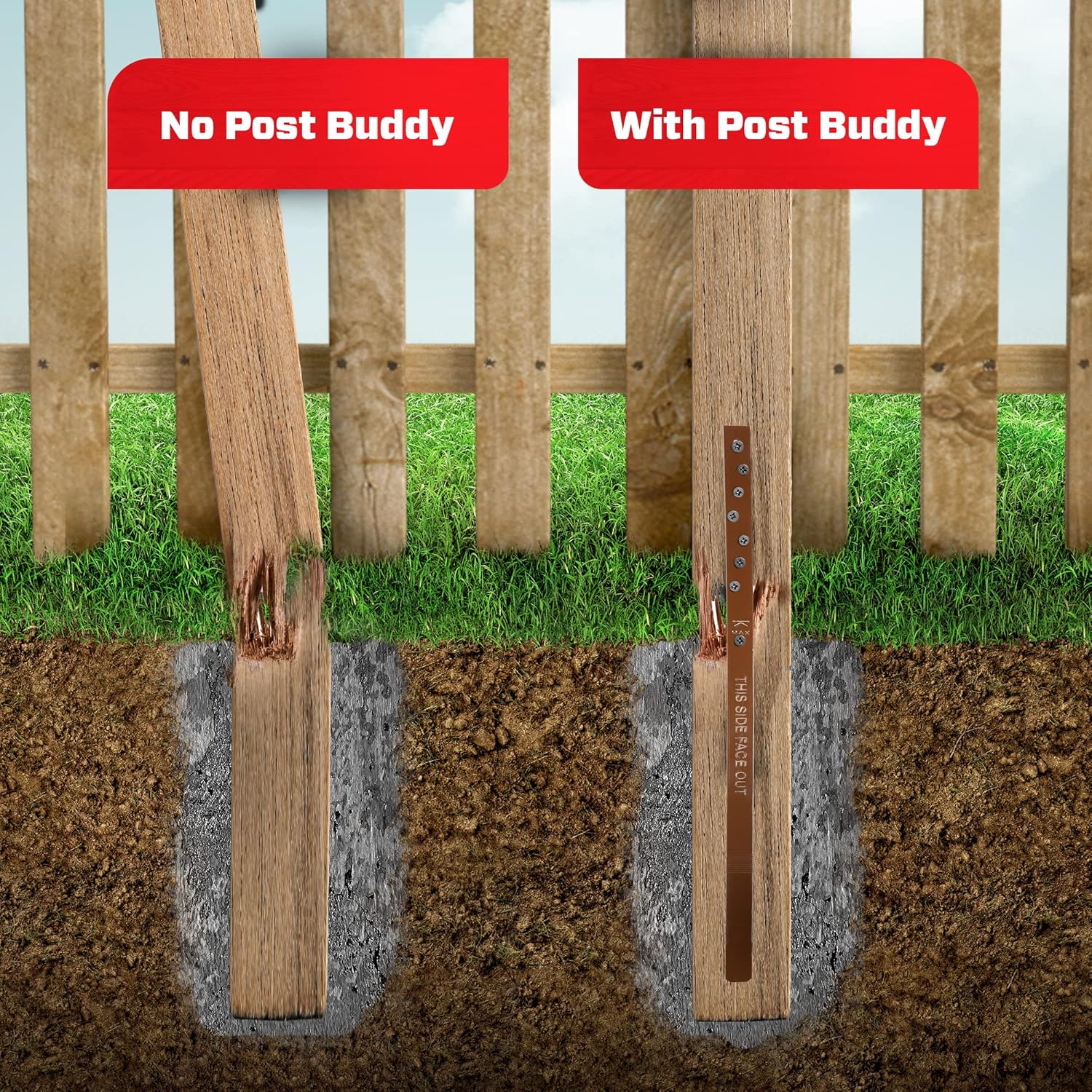 Pack of 2 Easy Fence Post Repair (to fix 1 Broken Wood Post), Fast and Simple to Install, Highly Effective, Long-Lasting