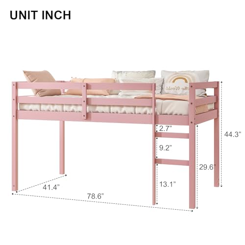 Low Loft Bed Twin Size, Kids Solid Wood Modern Loft Bed Frame with Ladder and Safety Guardrail for Girls Boys, Noise-Free,Non-Toxic Finishes, Space-Saving,No Box Spring Needed (White, Twin)