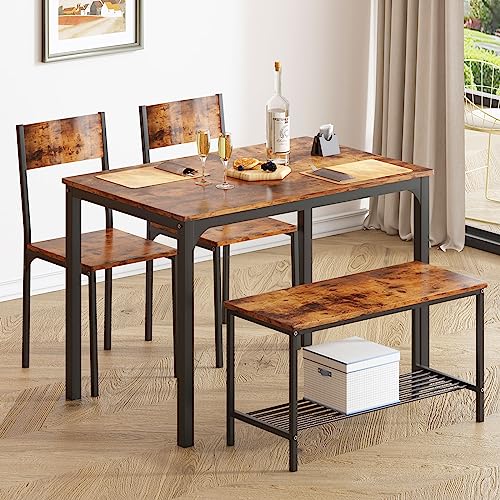 soges Dining Table Set for 4, 43.3 inch Kitchen Table Set with Chairs and Bench, 4 Piece Dining Room Table Set for Small Space, Apartment, Restaurant, Rustic Oak