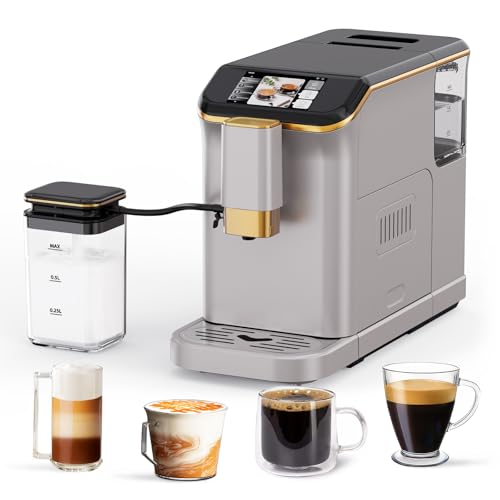 Espresso Machine with 15 Grind Settings | Fully Automatic, 20 Bar Pressure & Milk Frother - Touch Display, 1.5L Tank, Steel Gold
