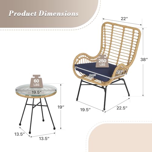 Athena Collection 3 Pieces Outdoor Patio Furniture Set, Rattan Outdoor Table and Chairs Conversation Bistro Set with Cushion, Wicker Balcony Furniture for Porch, Backyard, Garden, Natural Beige