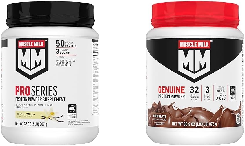 Muscle Milk Pro Series Protein Powder Supplement, Intense Vanilla, 2 Pound, 11 Servings, 50g Protein & Genuine Protein Powder, Chocolate, 1.93 Pounds, 12 Servings, 32g Protein, 3g Sugar