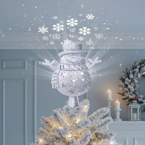 Brightown Christmas Tree Topper with Built-in 3D Glitter Led Snowflake Projector Lights, Silver Hexagonal Snowflake Tree Toppers Christmas Decorations Indoor for Xmas New Year Party Holiday