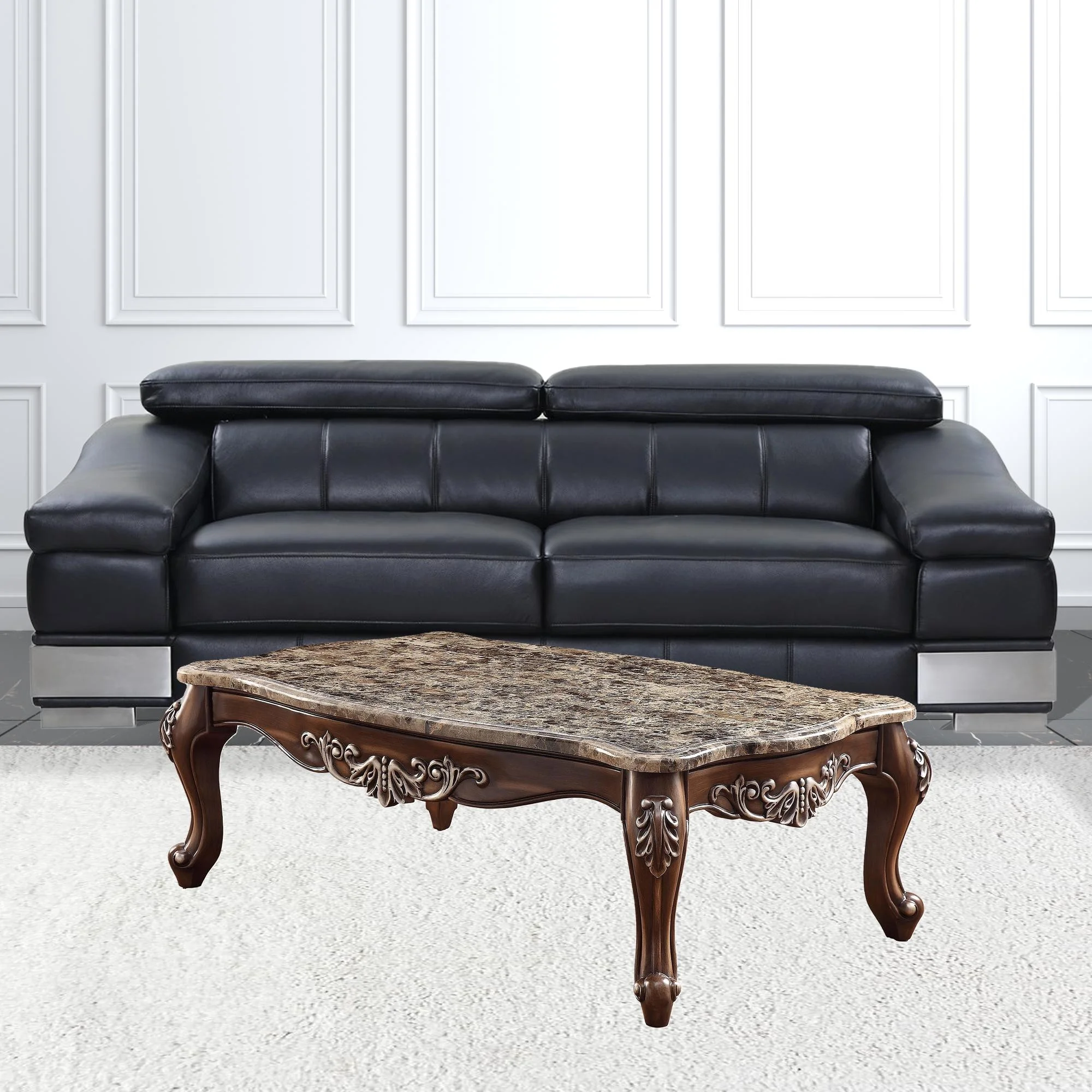 HomeRoots 486049 57 in. Antique Oak & Brown Marble Faux Marble Rectangular Coffee Table