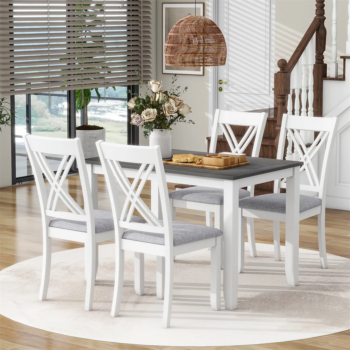 Rustic 5-Piece Dining Table Set with 4 X-Back Chairs for Small Places, Gray