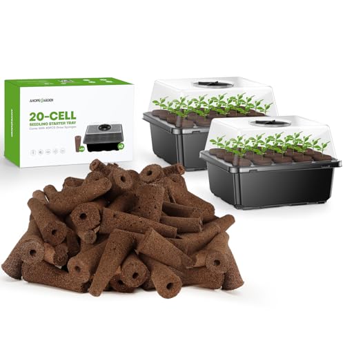 Ahopegarden Seed Starter Tray with 40 Grow Sponges, 40 Cells Reusable Plant Germination Trays Greenhouse Germination Kit with Humidity Dome for Hydroponics Growing System Kit Seeds Growing, 2 Packs