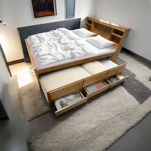 Full Size Platform Bed with 3 Drawers and Trundle,Captain’s Bed Frame with Storage Headboard Bookcase Shelves for Kids Teens Bedroom, No Box Spring Needed,Natural