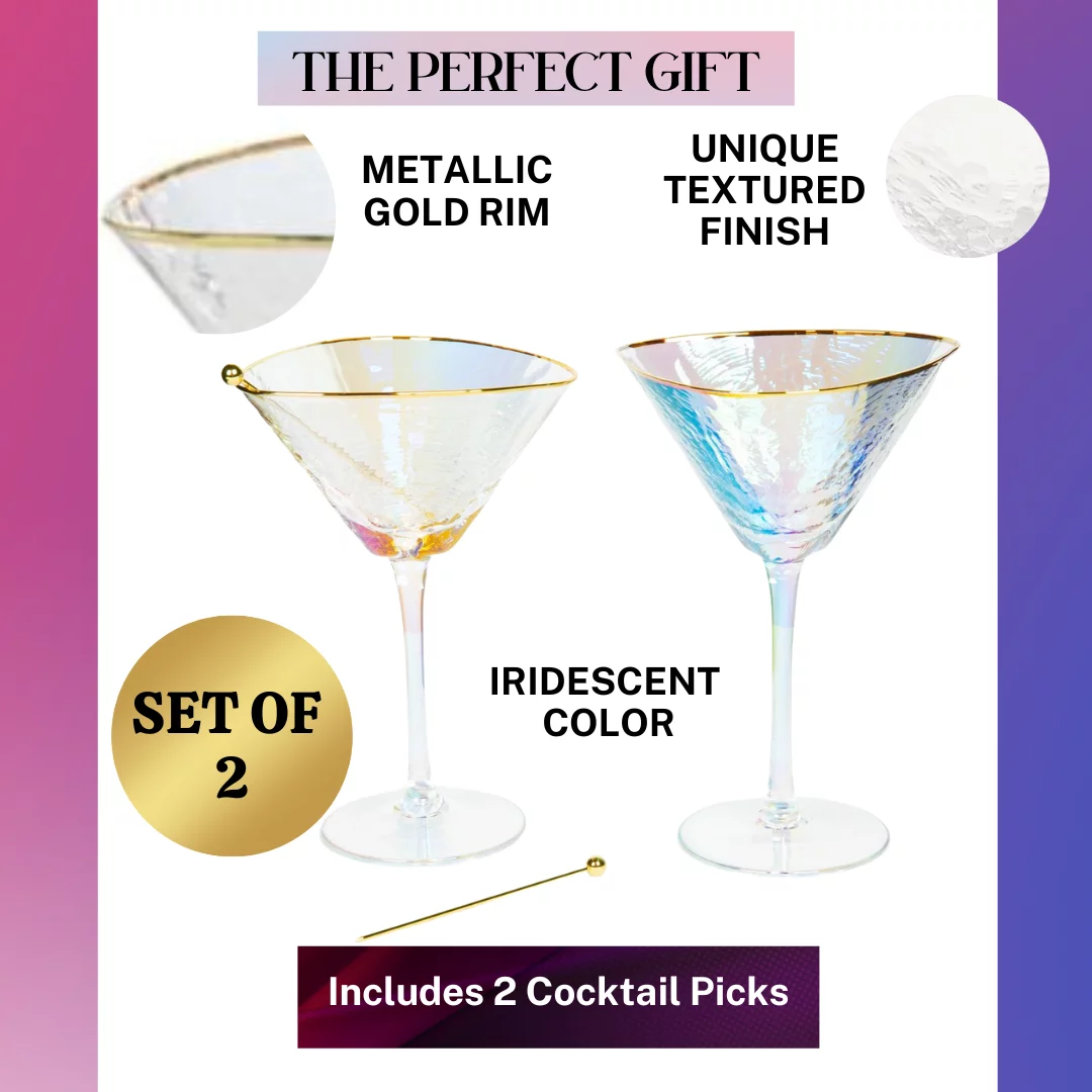 Sister.Ly Drinkware, Iridescent Handmade Hammered Martini Glasses with Gold Rim - Set of 2, 8 Ounces