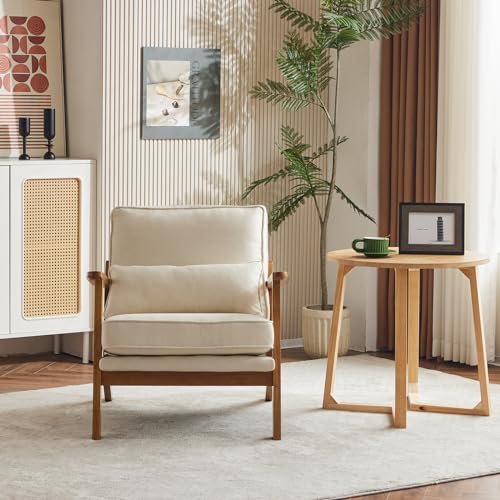 VINGLI Solid Wood Wide Armrests Accent Chair,Upholstered Mid Century Modern Chair with Pillow,Comfy Reading Chair Farmhouse Arm Chair,Chairs Living Room,Bedroom,Guest Room,Linen Fabric,Beige