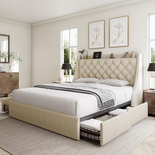 King Size Bed Frame with 4 Storage Drawers, Giant Upholstered Wingback Headboard, Fast Charging Station, No Box Spring Needed, Noise-Free, Beige