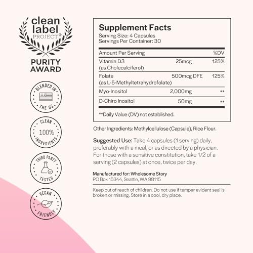 Myo-Inositol & D-Chiro Inositol Capsules with MTHF, Folate, Vitamin D| Support for Ovarian Function, Hormone Balance, & Homocysteine Levels | Fertility Supplements for Women | 40:1 Ratio