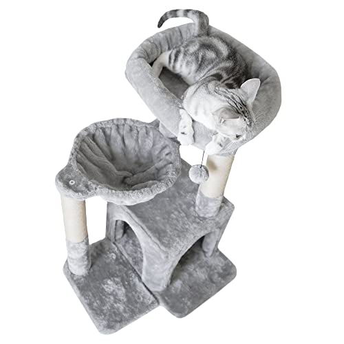 Pesofer Cat Tree, Small Cat Tower with Sisal Scratching Post and Hammock Light Gray