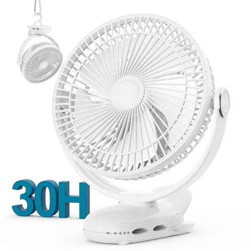 10000mAh 30hrs Portable Fan Rechargeable, 8-Inch Battery Operated Clip on Fan, USB Fans, 4 Speeds, Strong Airflow, Sturdy Clamp for Golf Cart Office Desk Outdoor Travel Camping Bed Truck Treadmill