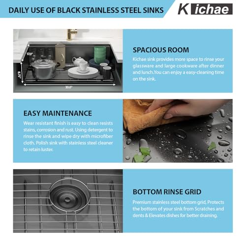 Kichae 12“ Deep Laundry Sink Undermount - 24 Inch Black Undermount Utility Sink Stainless Steel Single Bowl Under Counter Handmade Laundry Utility Room Basin