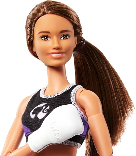 Barbie Careers Fashion Doll & Accessories, Made to Move Brunette Boxer Wearing Removable Uniform with Boxing Gloves, 22 Bendable Joints