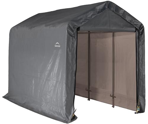 ShelterLogic 10' x 10' Shed-in-a-Box All Season Steel Metal Round Roof Outdoor Storage Shed with Waterproof Cover and Heavy Duty Reusable Auger Anchors, grey