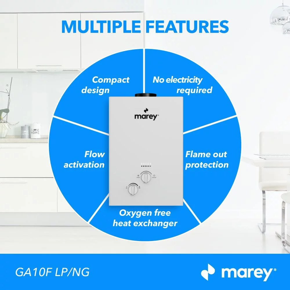 Marey GA10FLP 2.64 GPM, 68240 BTUs Liquid Propane Gas Flow activated Tankless Water Heater