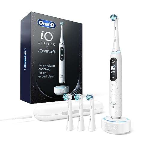 Oral-B iO Series 10 Rechargeable Electric Toothbrush with Visible Pressure Sensor to Protect Gums, 2 Min Timer, 7 Cleaning Settings, 4 Replacement Toothbrush Heads, and Charging Travel Case, Black