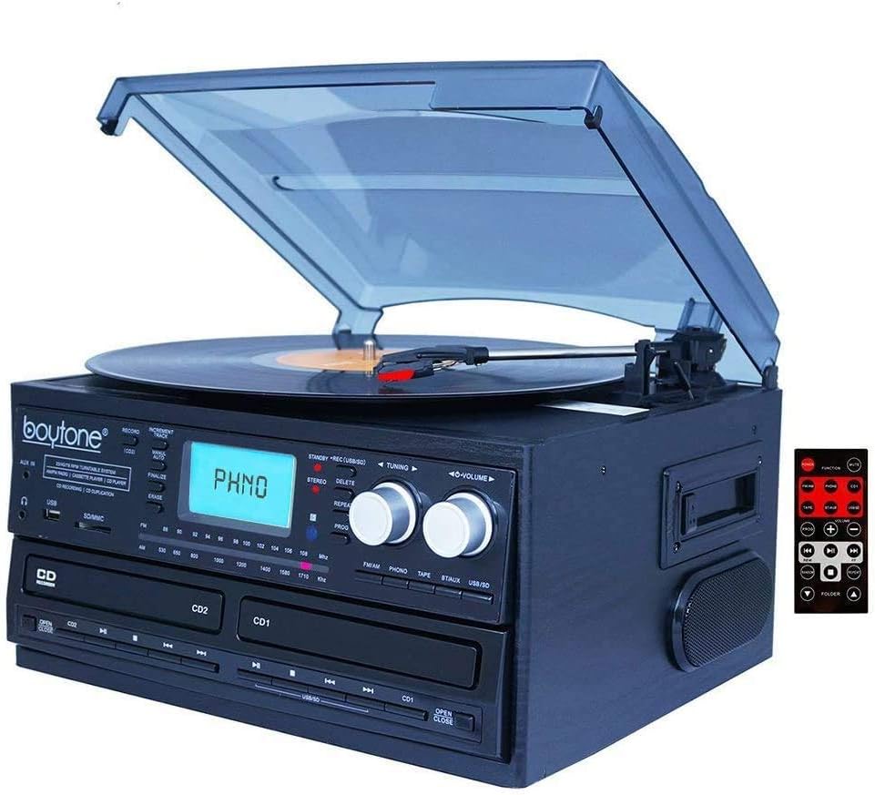 Boytone BT-29B, Bluetooth Dual CD Player, Recorder CD2 to CD1, AM/FM Radio Turntable Record Player 2 Built-in Stereo Speakers, Cassette Player, SD Slot, USB, AUX, Headphone Jack, Limited Edition