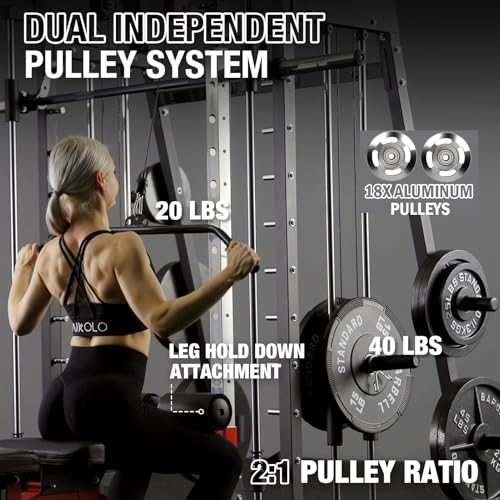 Mikolo Smith Machine, 2200lbs Squat Rack with LAT-Pull Down System & Cable Crossover Machine, Power Cage with Leg Hold-Down Attachment, Red