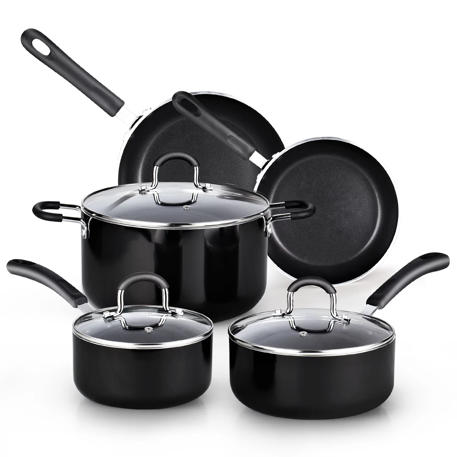 Cook N Home Pots and Pans Nonstick Kitchen Cookware Sets Include Saucepan Frying Pan Stockpots 8-Piece, Heavy Gauge, Stay Cool Handle, Black