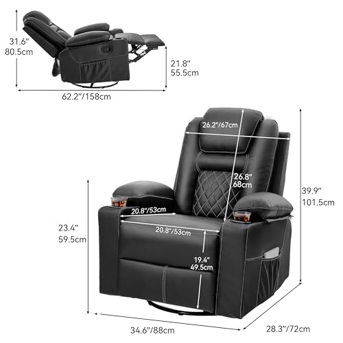 YITAHOME Swivel Rocker Recliner Chair with Massage & Heat, 360° Rotation Rocking Recliner, Faux Leather Manual Recliner with Cup Holders, Home Theater Seating for Living Room, Black