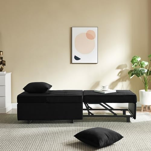 Sofa Bed 4-in-1 Convertible Pull Out Couch, Velvet Love seat Couch Sleeper Chair Bed with 2 Throw Pillow, Single Recliner with 5 Adjustable Backrests for Living Room Apartment Small Space, Dark Grey