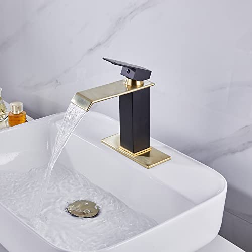 White Gold Faucet Bathroom Vessel Sink Golden Waterfall Spout Faucet Single Handle Bowl Sink Faucet Modern Single Hole Basin Vanity Tall Bathroom Sink Faucet with Pop Up Drain Stopper Supply Hose