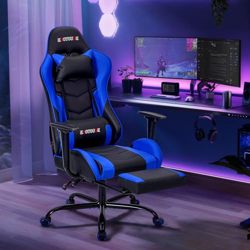 ECOTOUGE PC Massage Gaming Chair with Footrest Ergonomic Office Desk Chair Racing PU Leather Recliner Swivel Rocker with Headrest and Lumbar Pillow, Blue