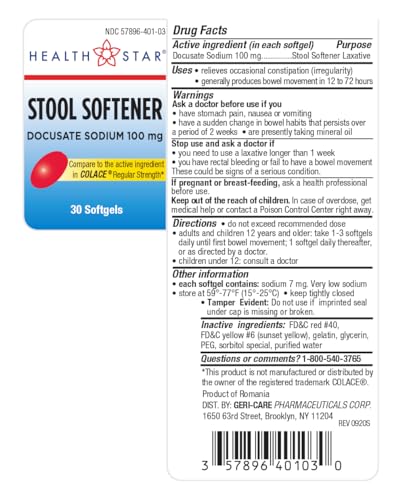 GeriCare Docusate Sodium Stool Softener - 100mg Gentle Stimulant Laxative Softgels for Men & Women- Constipation Relief - Adults Daily Bowel Movement Laxative