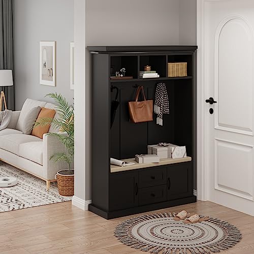 70.9 Inch Black Hall Tree, 3 in 1 Farmhouse Mudroom Bench with Storage and 4 Hooks, Wood Entryway Coat Rack Shoe Bench, Soft Cushion and Storage Drawers for Living Room, Bedroom, Hallway