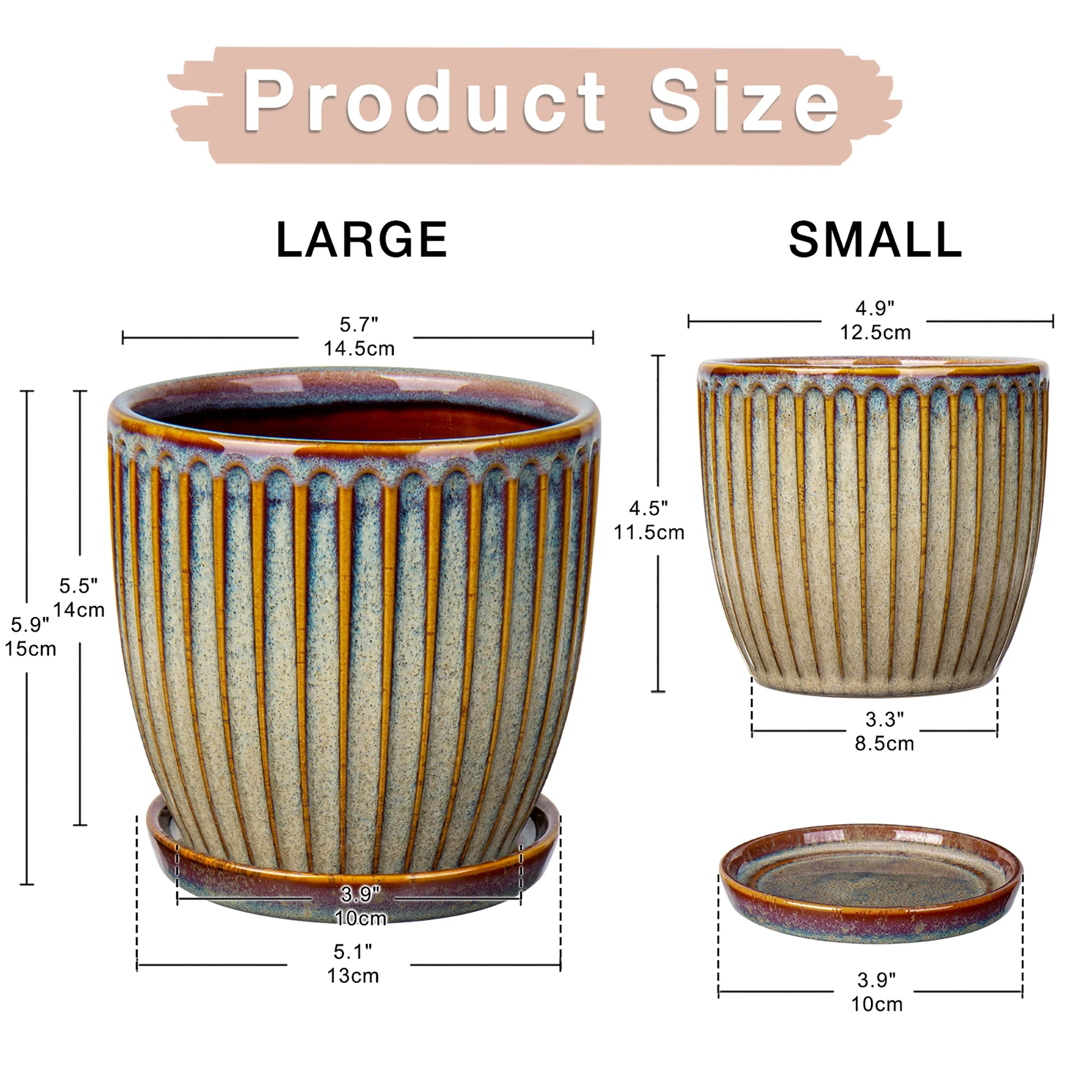 2 Pcs Ceramic Pots 4.9 &5.7 inch Plant Flowers Pots with Saucer and Drainage Holes Brown(Plants are NOT Included)