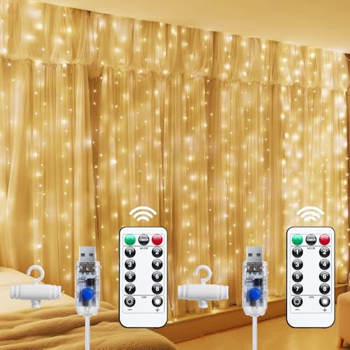 Brightown 300 LED Fairy Curtain Lights, 9.8ft x 9.8ft String Lights, USB Plug in 8 Lighting Modes Christmas String Hanging Lights with Remote for Bedroom Indoor Outdoor Party Xmas Blue 1 Pack