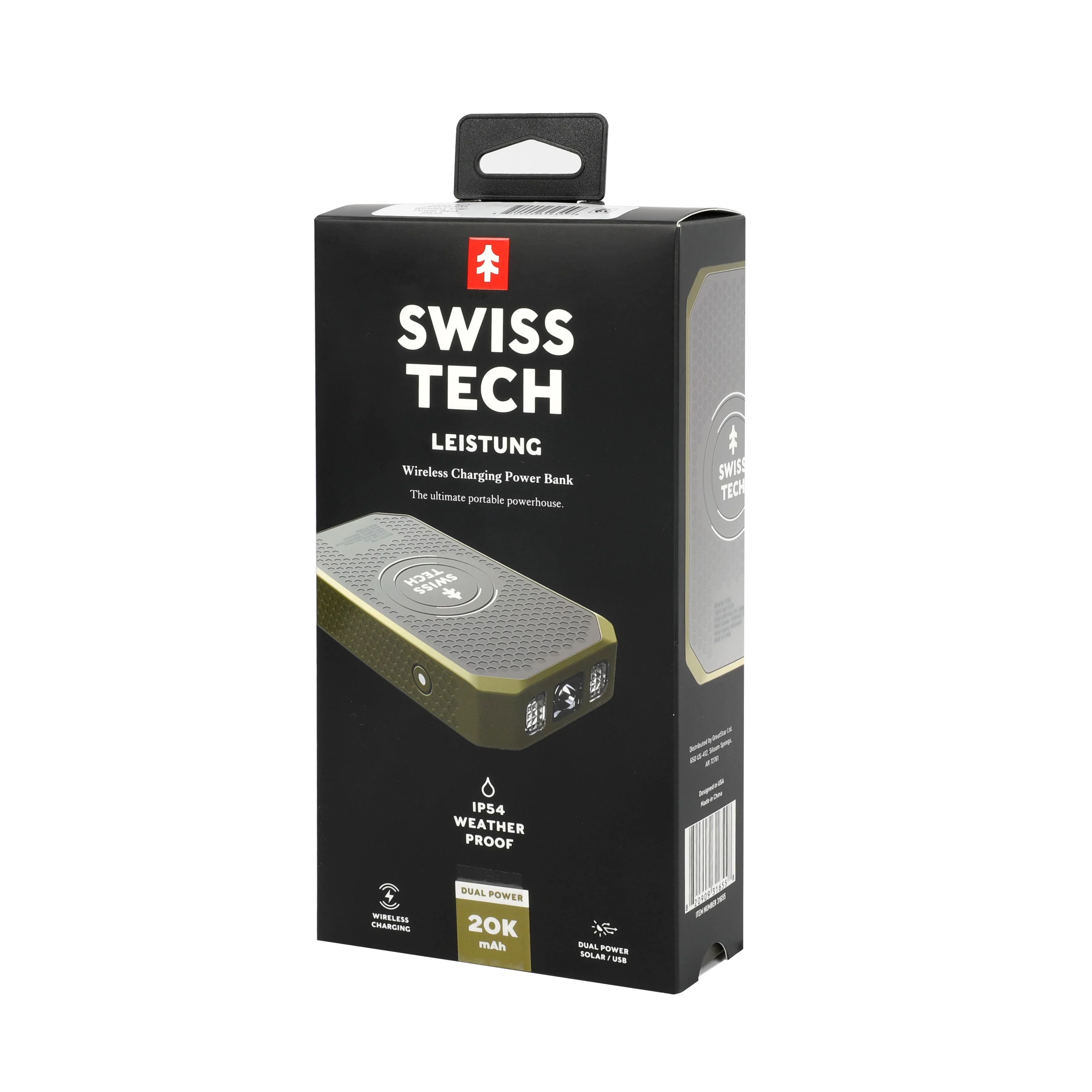 Swiss Tech 20000 mAh Wireless Power Bank with Flashlight and Charging Pad, IP54 Weatherproof