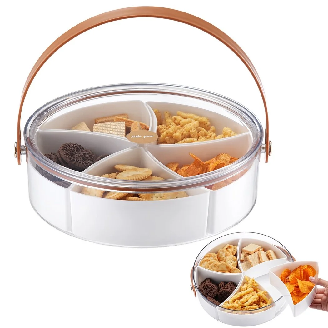 Portable 5-Compartment Organizer Tray with Lid and Handle, Snack Platters Charcuterie Box, Clear Appetizer Serving Container for Candies, Fruits, and Nuts, Party Food Storage Solution