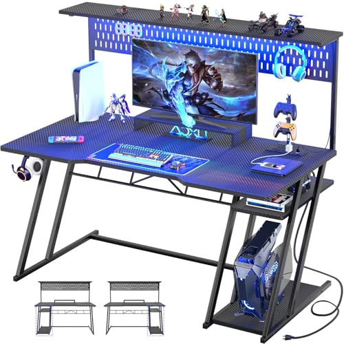 Armocity Gaming Computer Desk with Shelves and Outlets, Gaming Desk with Hutch and LED Lights, Reversible PC Gaming Desks with Pegboard, Carbon Fiber Black 47''