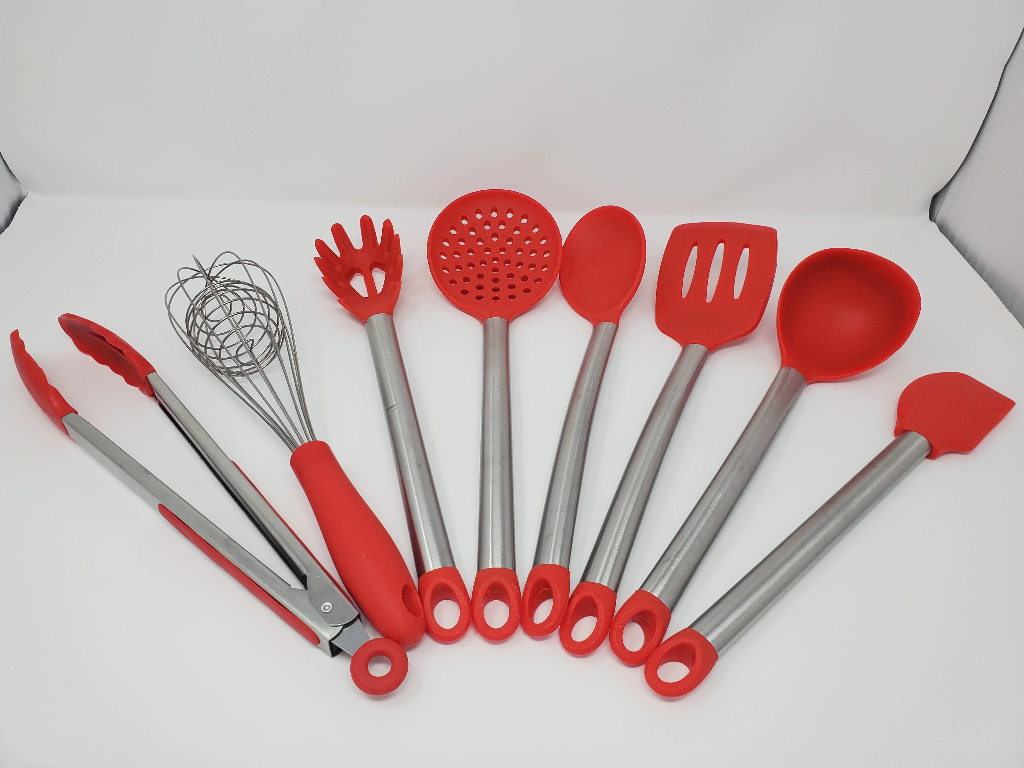 8 pcs Silicone Kitchen Cooking Utensil Set-Non stick Heat Resistant Stainless Steel Handle-Red