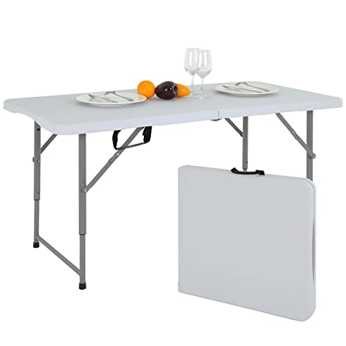 Folding Table 4FT, Plastic Table Height Adjustable Table for Picnic, Camping, Kitchen, Beach, Party, Outdoor Indoor, 47 x 24 x 29 Inch,White