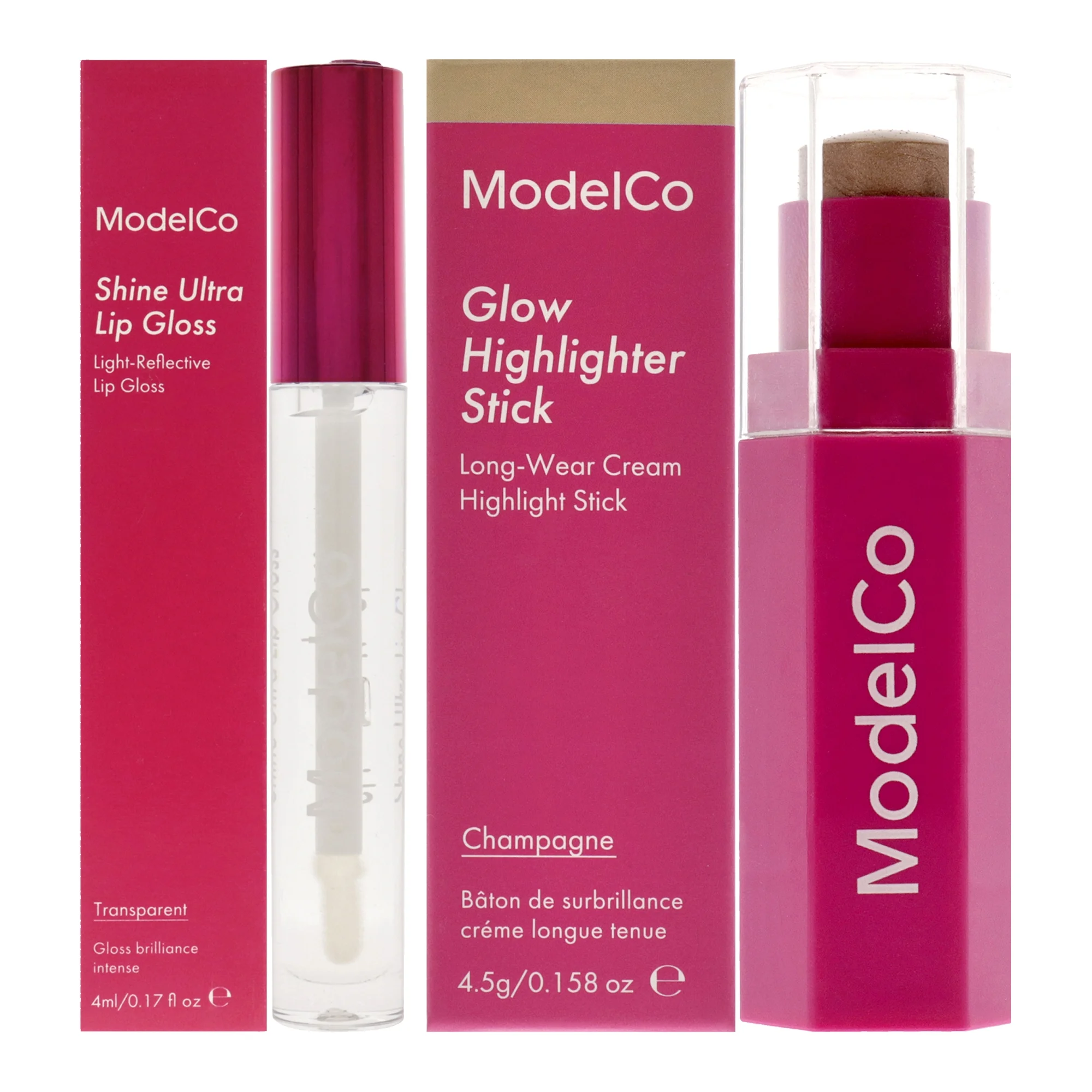 ModelCo Glow Highlighter Stick With Shine Ultra Lip Gloss Kit , 2 Pc Kit 0.158oz Highlighter Stick - Champagne, 0.17oz Lip Gloss - Transparent- Pack of 2