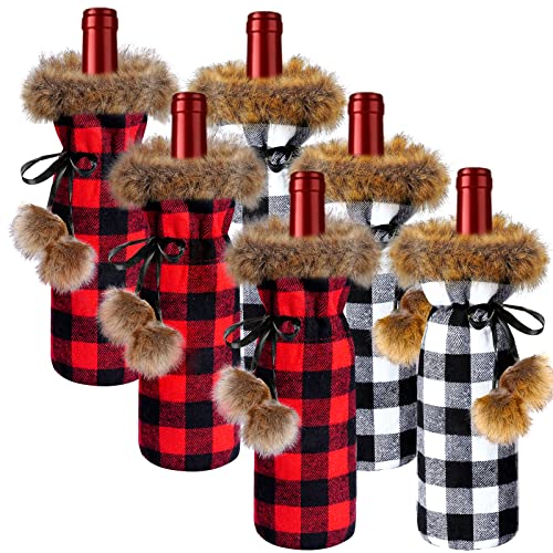 6 Pack Christmas Buffalo Plaid Wine Bottle Cover Plaid Sweater Wine Bottle Holder Faux Fur Wine Bottle Pouch Bags for Xmas Dinner Party Decorations (Red, Gray)